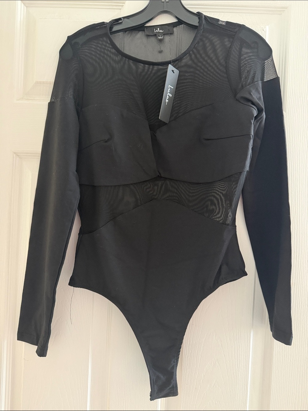 Lulu's Black Long-Sleeve Mesh Panel One-Piece Bodysuit